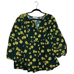 Sonoma Shirred Ballon Sleeve Y Neck Green Floral V Neck corduroy Blouse Size 4X
